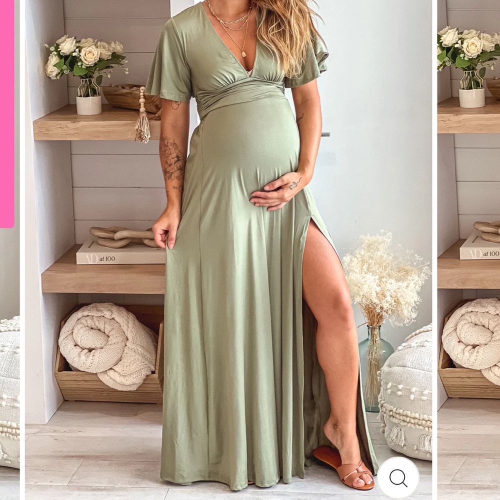 OLIVE MATERNITY MAXI DRESS W SLIT & SHORT SLEEVES